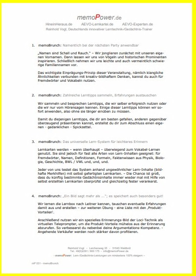 memoBrunch - Beschreibung der zehn Veranstaltungen