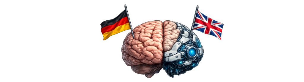 Symbolbild: zwei Gehirnhälften: eine Hälfte zeigt eine Roboter-Andeutung. In einer Gehirnhälfte steckt eine deutsche Flagge, in der anderen eine englische Flagge.