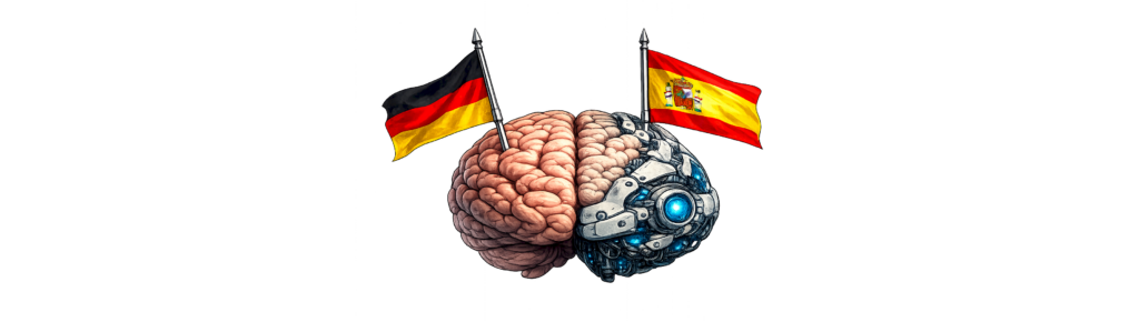 Sprachen-Lernen; symbolhafte Gehirnhälften zeigen deutsche und spanische Flagge.