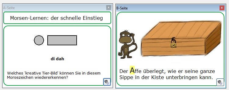 Screenshot mit Darstellung zum Einprägen des Morsezeichens für den Buchstaben 'A'
